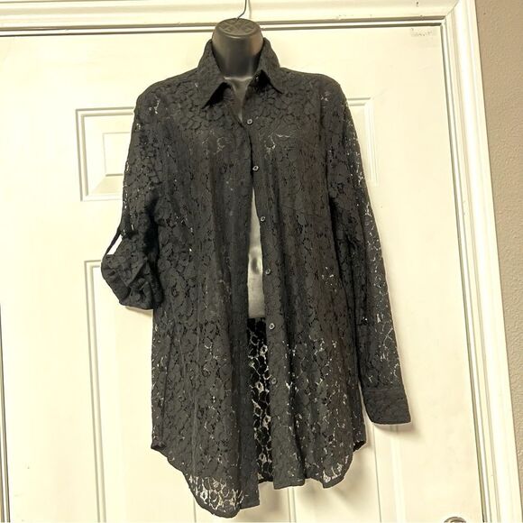 90s Calvin Klein Lace Sheer Black Button Down Tab Sleeve Oversized Tunic Shirt M - Picture 6 of 14